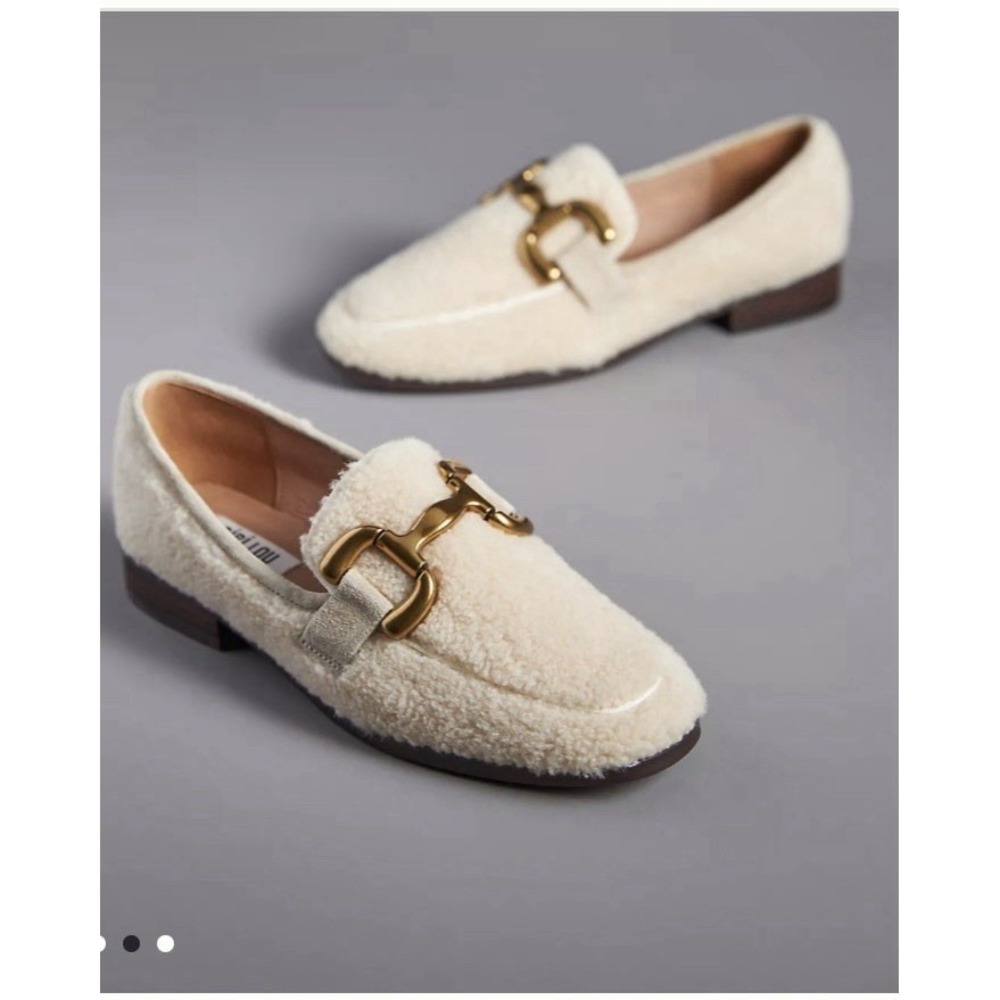 Bibi Lou Anthropologie Marcella Sherpa Teddy Loafers 38/8. Coastal Gold Hardware - Picture 2 of 8